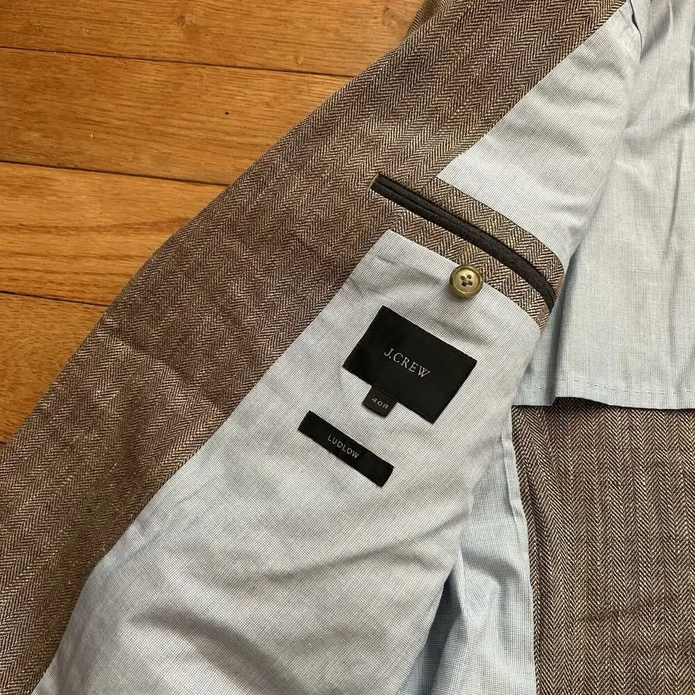 J Crew Ludlow Linen Silk Herringbone Brown Blazer Suit Jacket 40R